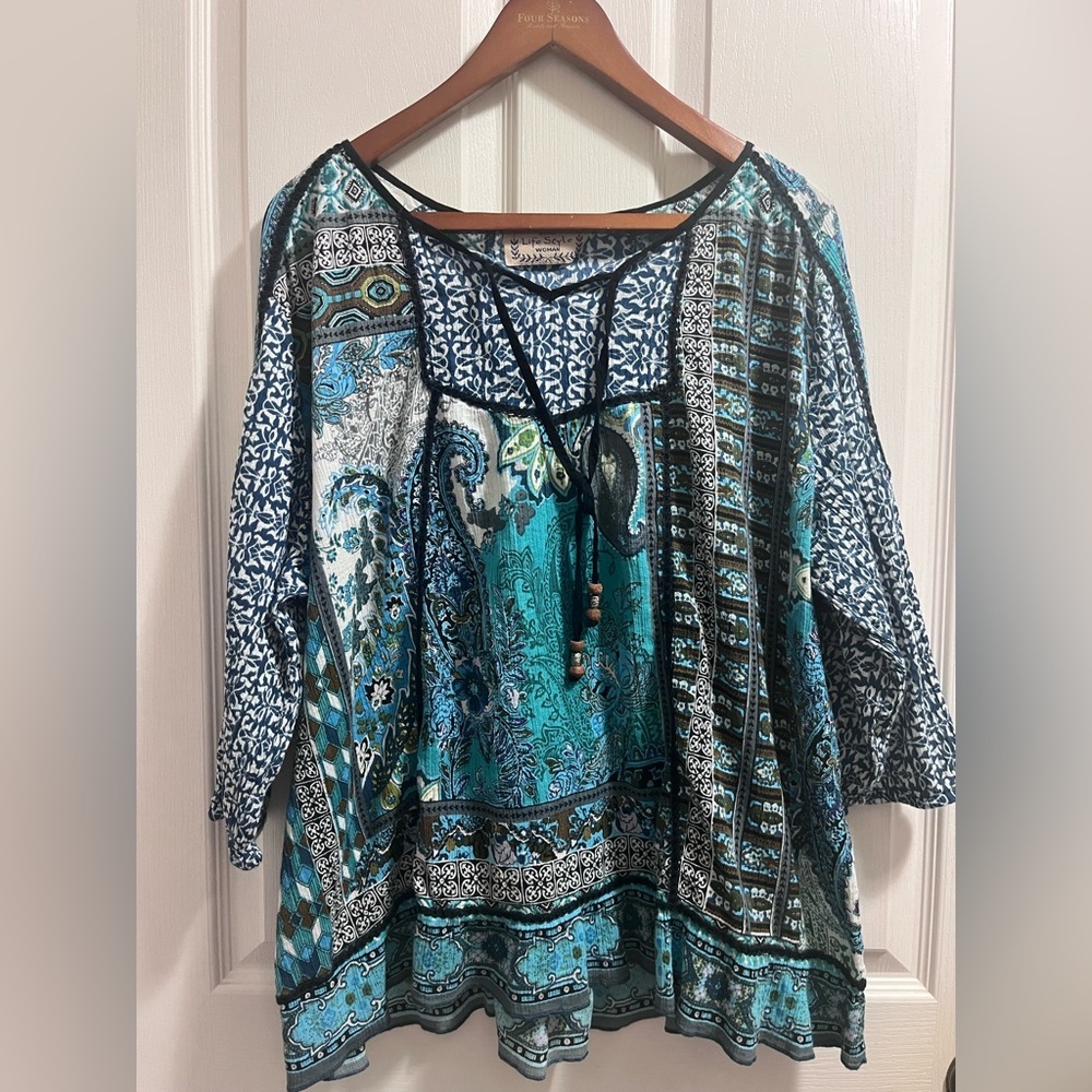 Paisley Tie-Front Boho Tunic Top in Teal and Navy
